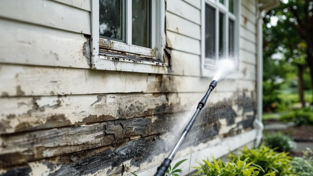 A damaged home exterior due to incorrect pressure washing, with visible signs of wear and tear.